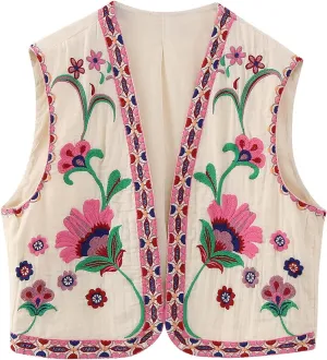 hathne Women's Floral Embroidered Vest Boho Vintage Sleeveless Open Front Cardigan Shirt Vests Waistcoat