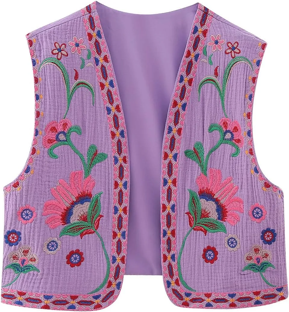 hathne Women's Floral Embroidered Vest Boho Vintage Sleeveless Open Front Cardigan Shirt Vests Waistcoat