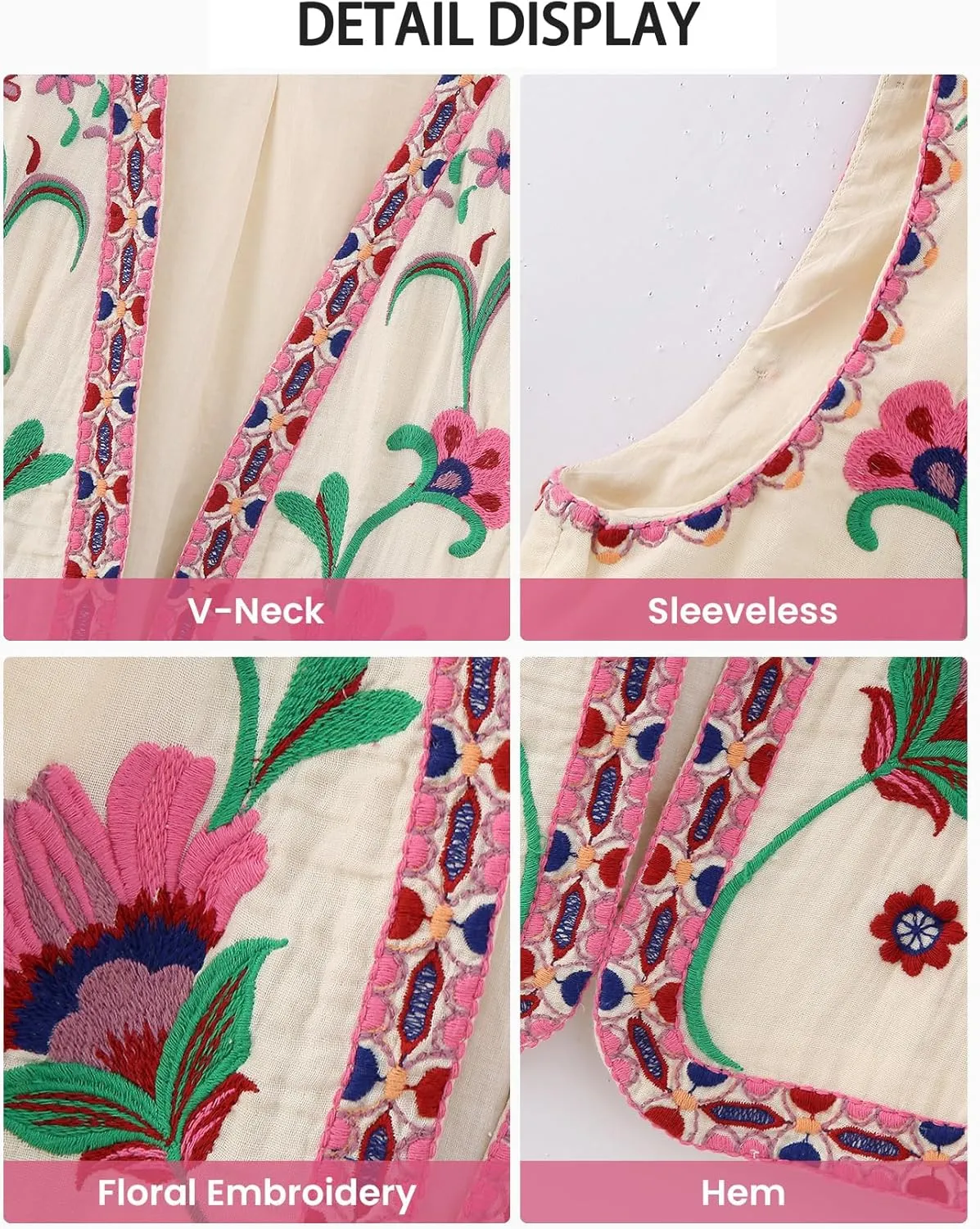 hathne Women's Floral Embroidered Vest Boho Vintage Sleeveless Open Front Cardigan Shirt Vests Waistcoat