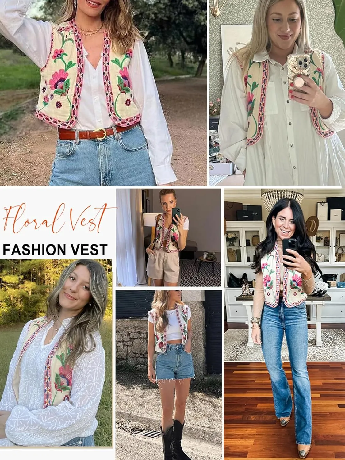 hathne Women's Floral Embroidered Vest Boho Vintage Sleeveless Open Front Cardigan Shirt Vests Waistcoat