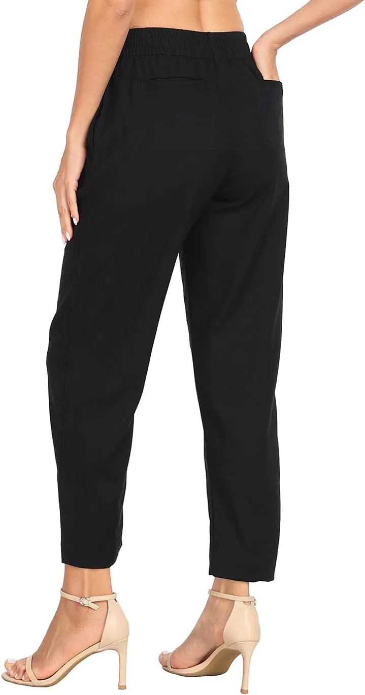 HDE Women's Linen Blend Pull On Pants Summer Drawstring Ankle Pant with Pockets