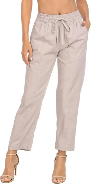 HDE Women's Linen Blend Pull On Pants Summer Drawstring Ankle Pant with Pockets