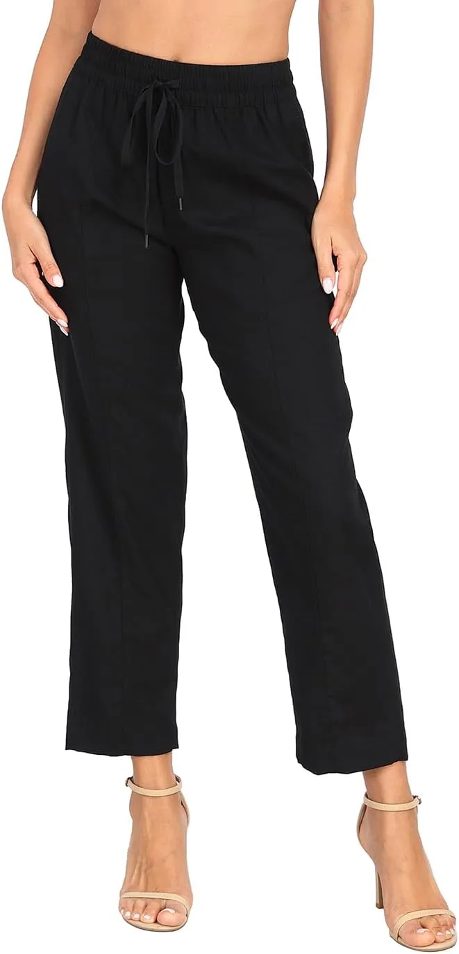 HDE Women's Linen Blend Pull On Pants Summer Drawstring Ankle Pant with Pockets