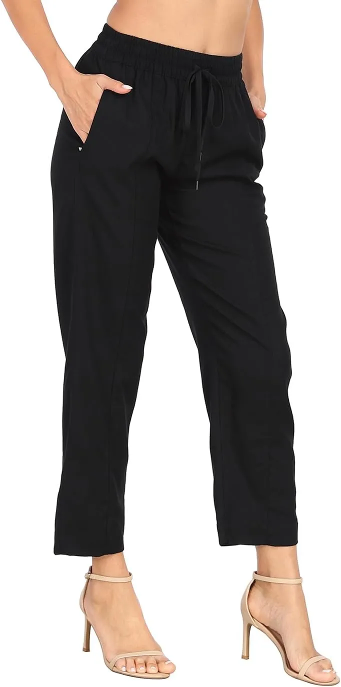 HDE Women's Linen Blend Pull On Pants Summer Drawstring Ankle Pant with Pockets