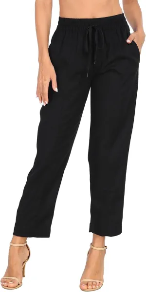 HDE Women's Linen Blend Pull On Pants Summer Drawstring Ankle Pant with Pockets