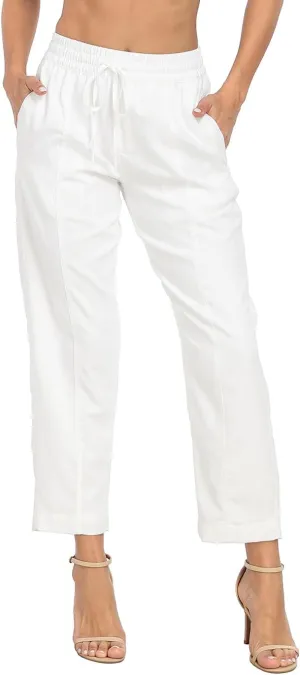 HDE Women's Linen Blend Pull On Pants Summer Drawstring Ankle Pant with Pockets