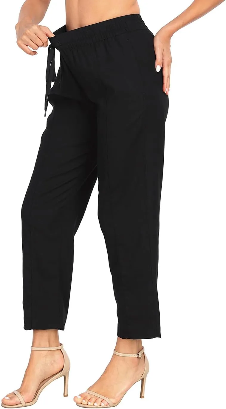 HDE Women's Linen Blend Pull On Pants Summer Drawstring Ankle Pant with Pockets