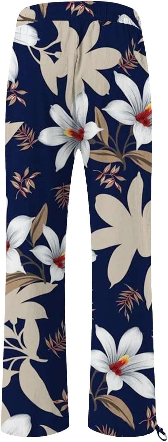 High Waist Floral Summer Casual Loose Pants Womens Cotton Casual Loose Pants Comfy Work Pants with Pockets Elastic