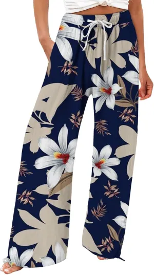 High Waist Floral Summer Casual Loose Pants Womens Cotton Casual Loose Pants Comfy Work Pants with Pockets Elastic