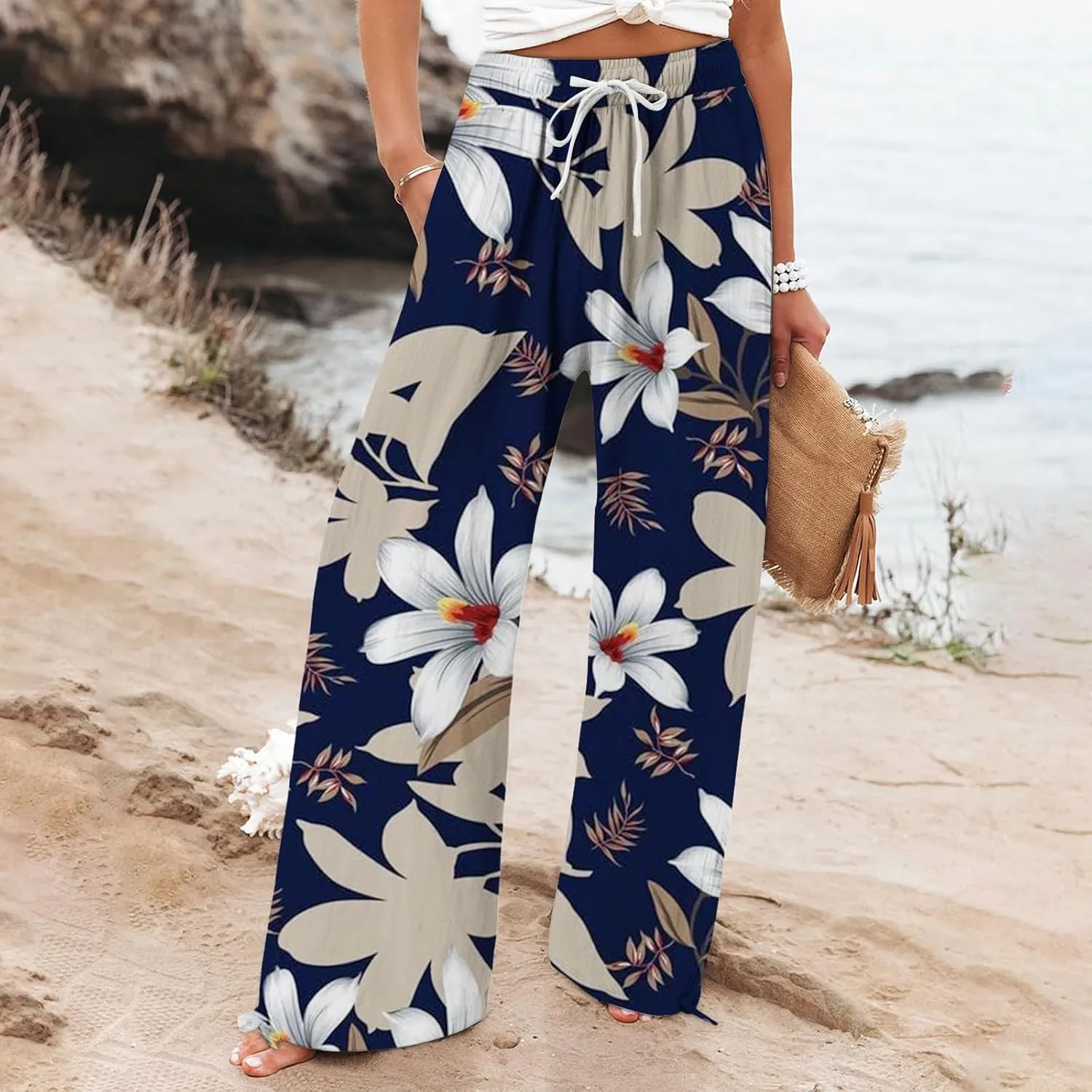 High Waist Floral Summer Casual Loose Pants Womens Cotton Casual Loose Pants Comfy Work Pants with Pockets Elastic
