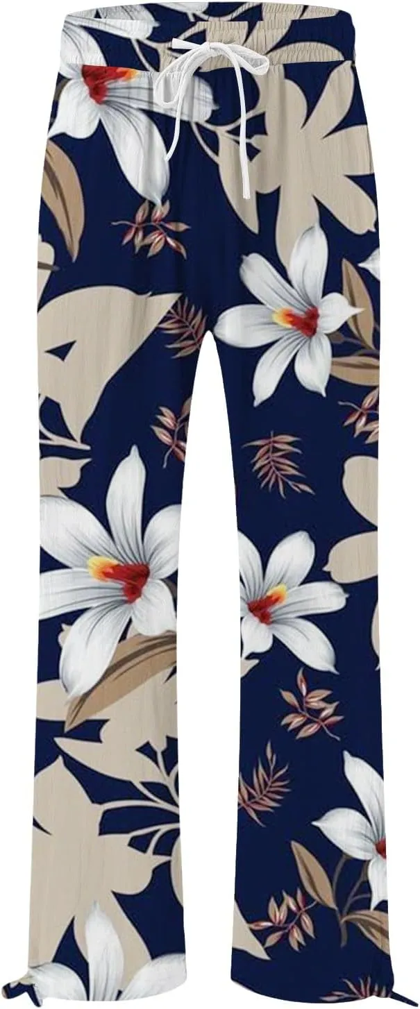 High Waist Floral Summer Casual Loose Pants Womens Cotton Casual Loose Pants Comfy Work Pants with Pockets Elastic