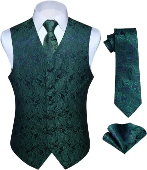 HISDERN Mens Vest Tie Set 3PC Formal Waistcoat Paisley Floral Jacquard Necktie Pocket Square Suit Vests Wedding Party