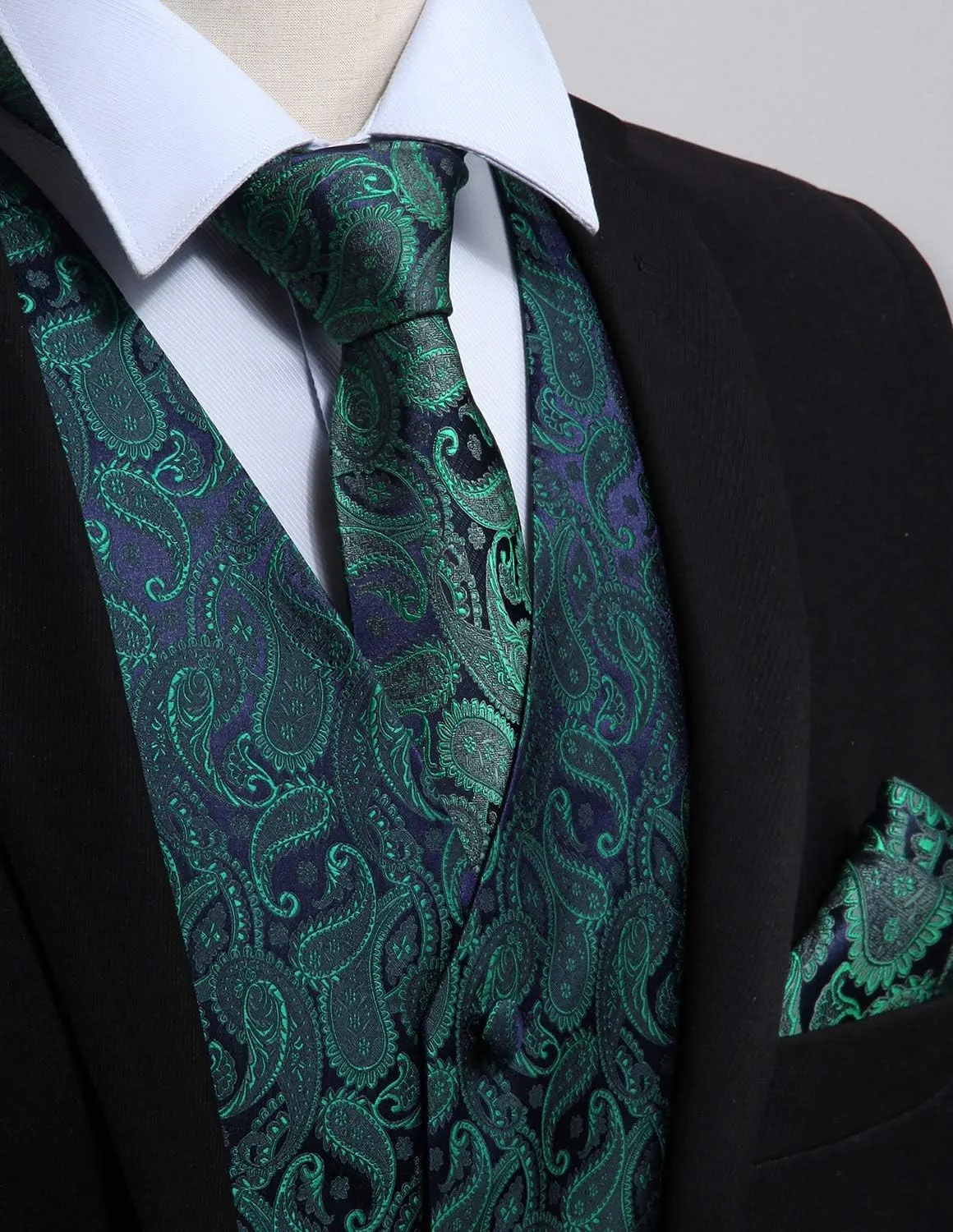 HISDERN Mens Vest Tie Set 3PC Formal Waistcoat Paisley Floral Jacquard Necktie Pocket Square Suit Vests Wedding Party