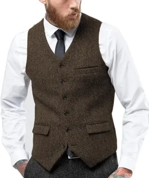 HSLS Mens Herringbone Suits Vests Wool Business Tweed Waistcoats Groomsman V-Neck Slim Fit(X-Large, Coffee)