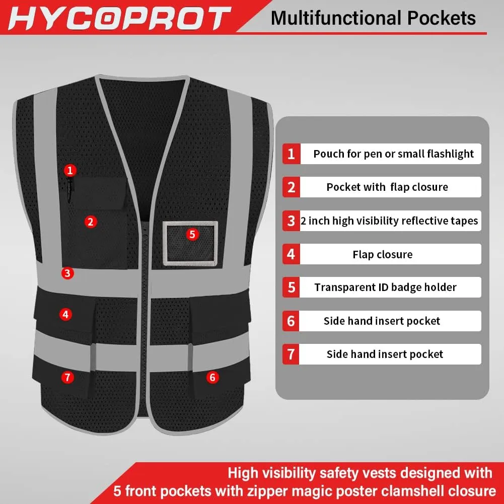 HYCOPROT High Visibility Mesh Safety Reflective Vest with Pockets and Zipper, Meets ANSI/ISEA Standards