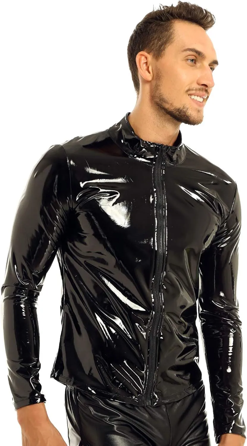 iEFiEL Men Wet Look Patent Leather Stand Collar Long Sleeve/Sleeveless T-Shirt Tops Metallic Front Zipper Jacket Coat