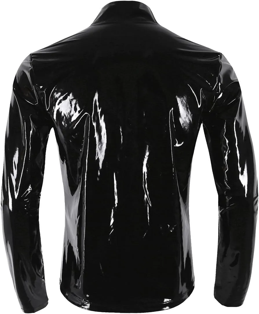 iEFiEL Men Wet Look Patent Leather Stand Collar Long Sleeve/Sleeveless T-Shirt Tops Metallic Front Zipper Jacket Coat