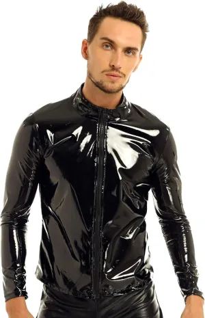 iEFiEL Men Wet Look Patent Leather Stand Collar Long Sleeve/Sleeveless T-Shirt Tops Metallic Front Zipper Jacket Coat