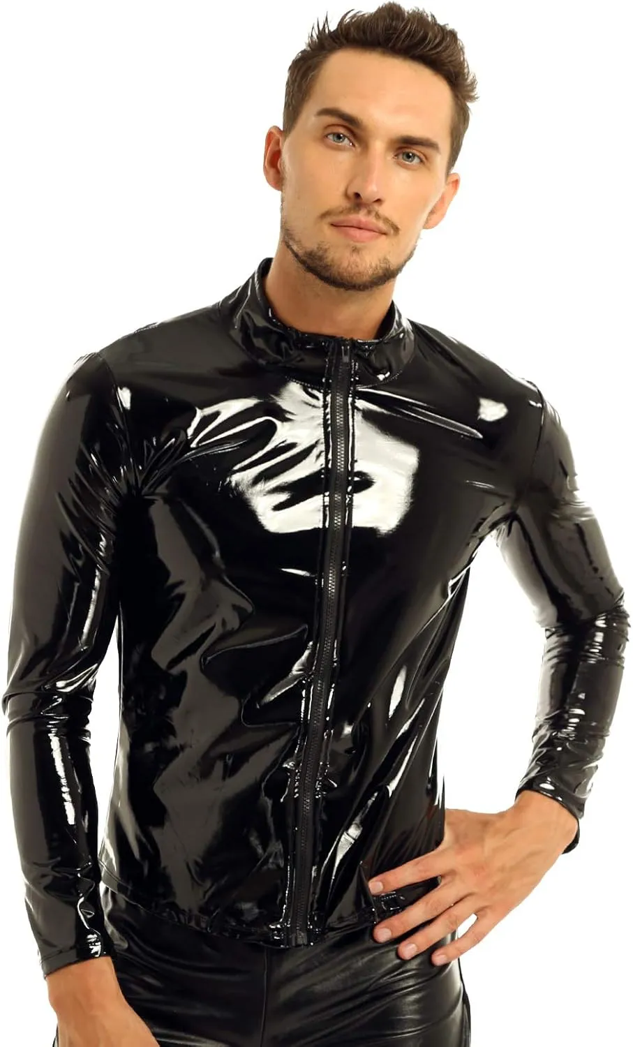 iEFiEL Men Wet Look Patent Leather Stand Collar Long Sleeve/Sleeveless T-Shirt Tops Metallic Front Zipper Jacket Coat