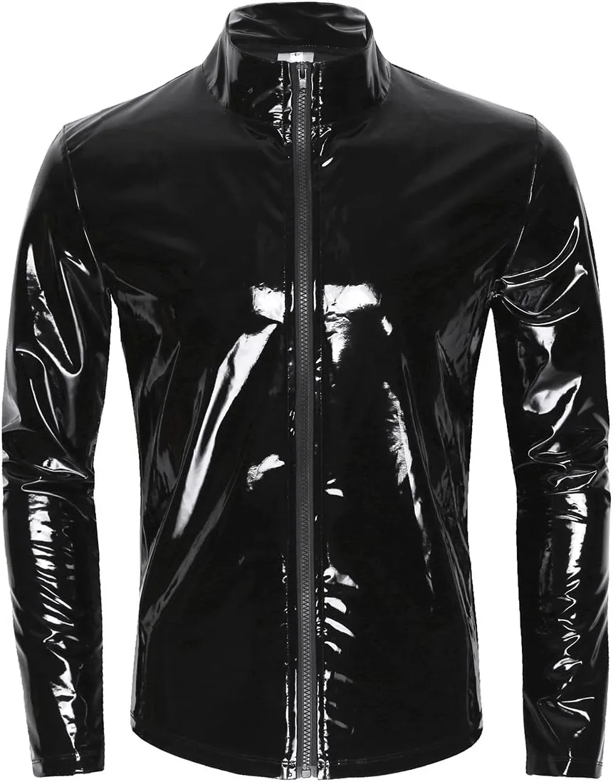 iEFiEL Men Wet Look Patent Leather Stand Collar Long Sleeve/Sleeveless T-Shirt Tops Metallic Front Zipper Jacket Coat