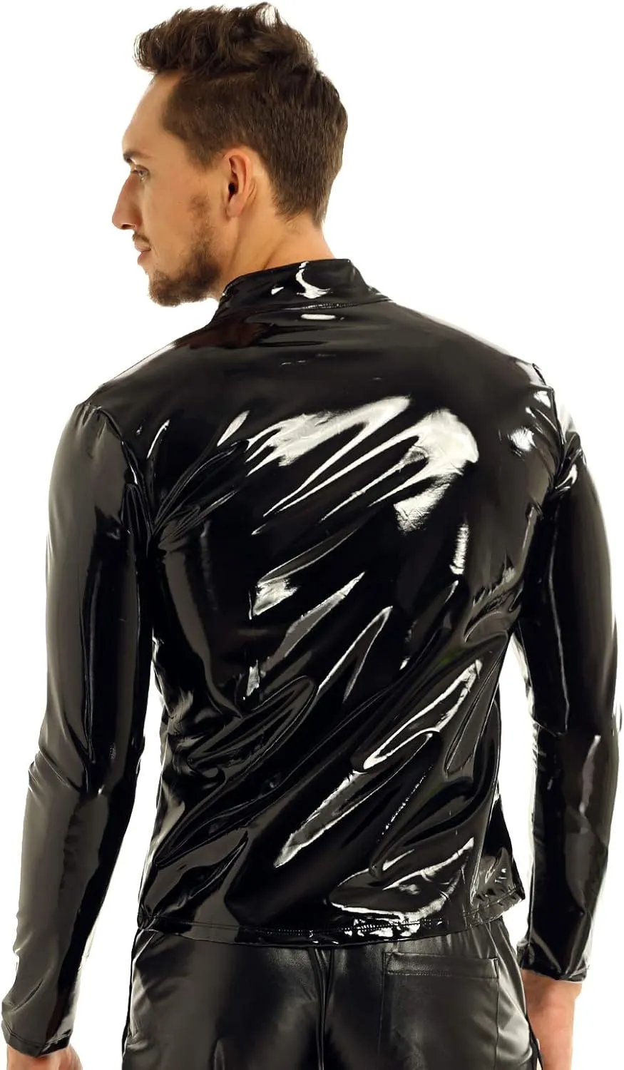 iEFiEL Men Wet Look Patent Leather Stand Collar Long Sleeve/Sleeveless T-Shirt Tops Metallic Front Zipper Jacket Coat
