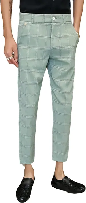 JEShifangjiusu Men's Slim Fit Suit Pants Chino Pants Stretch Flat-Front Dress Pants Plaid Skinny Business Casual Trousers (Medium,Green), Green, Medium