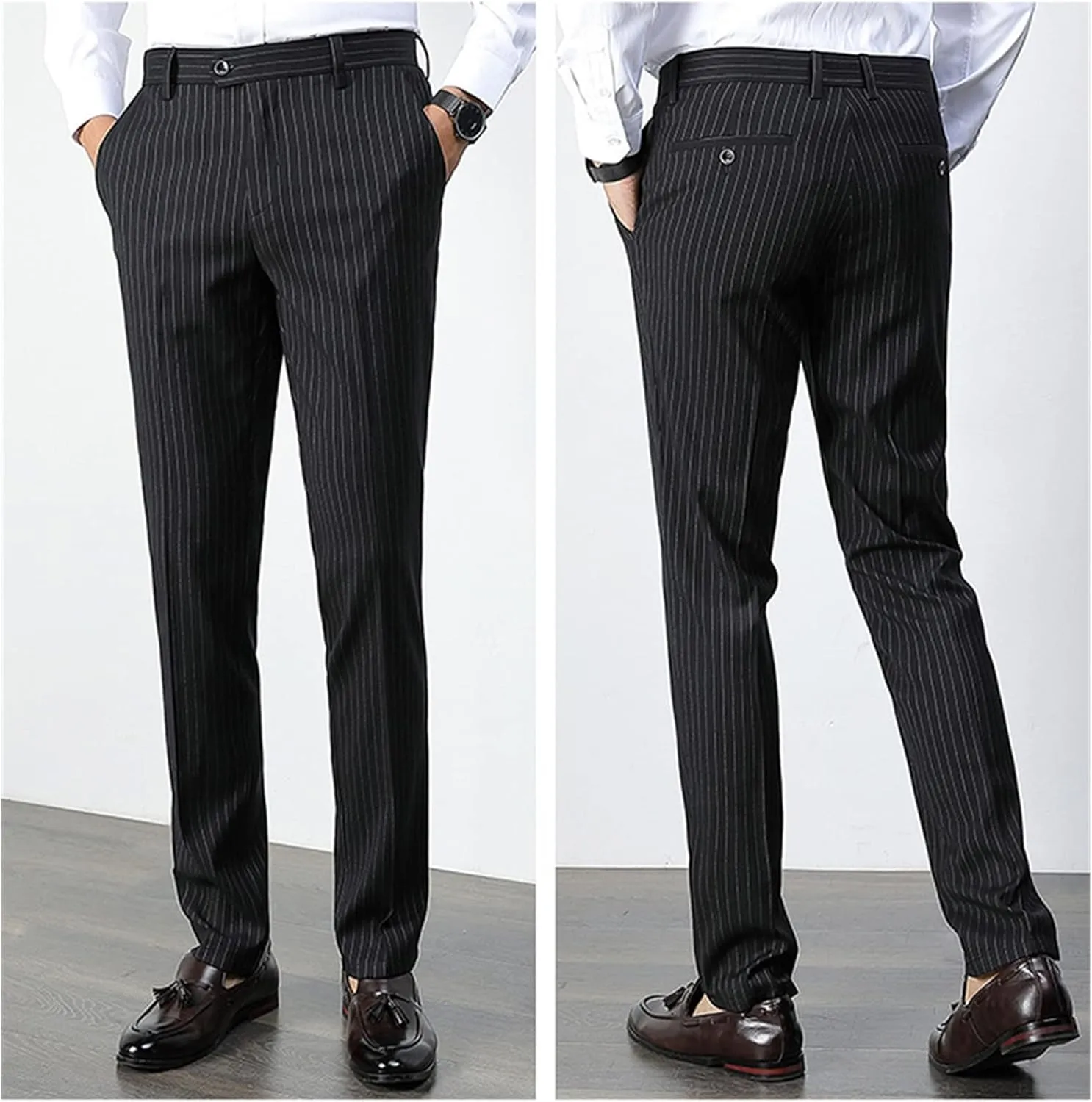 JEShifangjiusu Men's Striped Dress Pants Skinny Straight Fit Flat Front Chino Pant Business Cotton Trousers Suit Pants