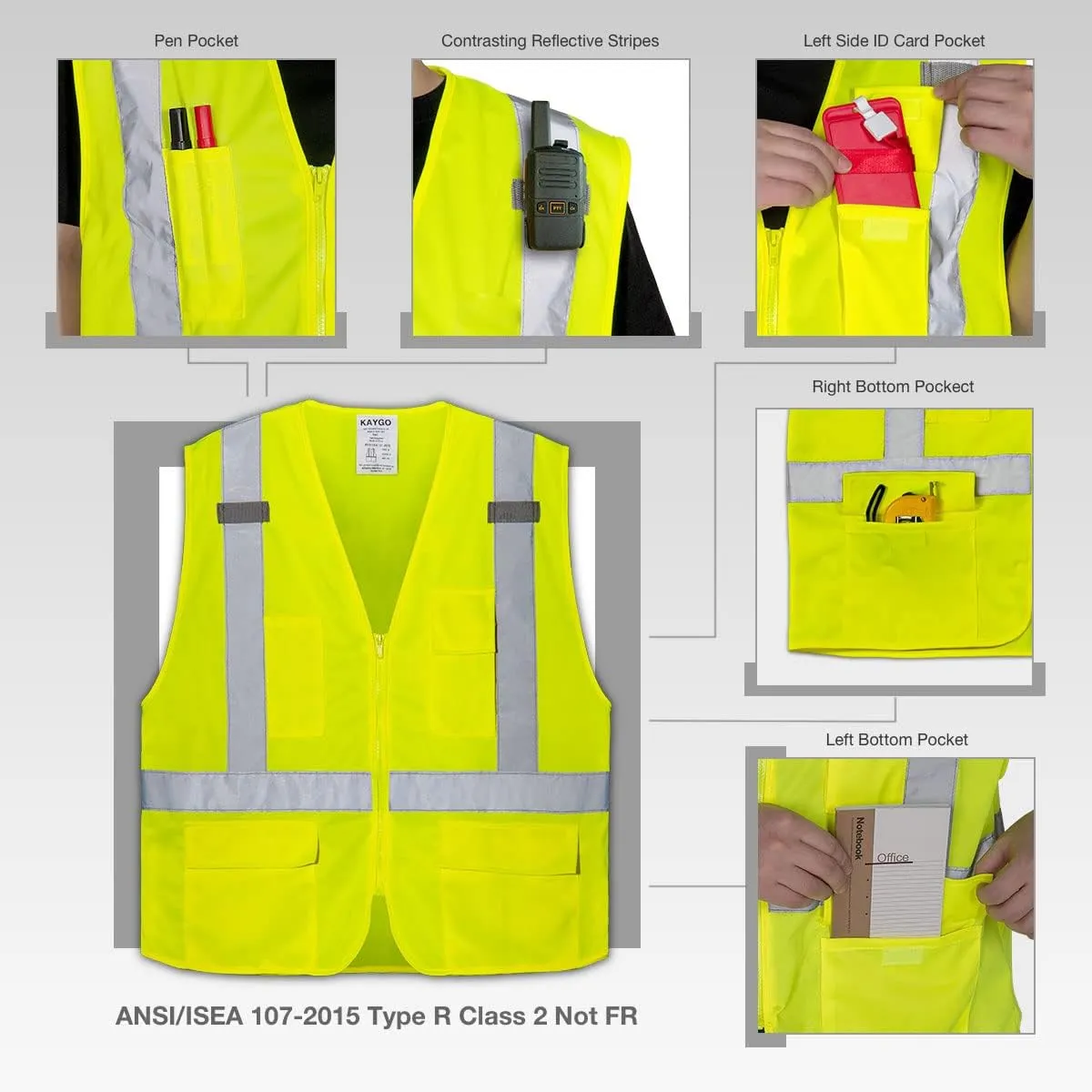 KAYGO High Visibility Safety Vests Reflective with Pockets and Zipper,ANSI Type R Class 2 Not FR