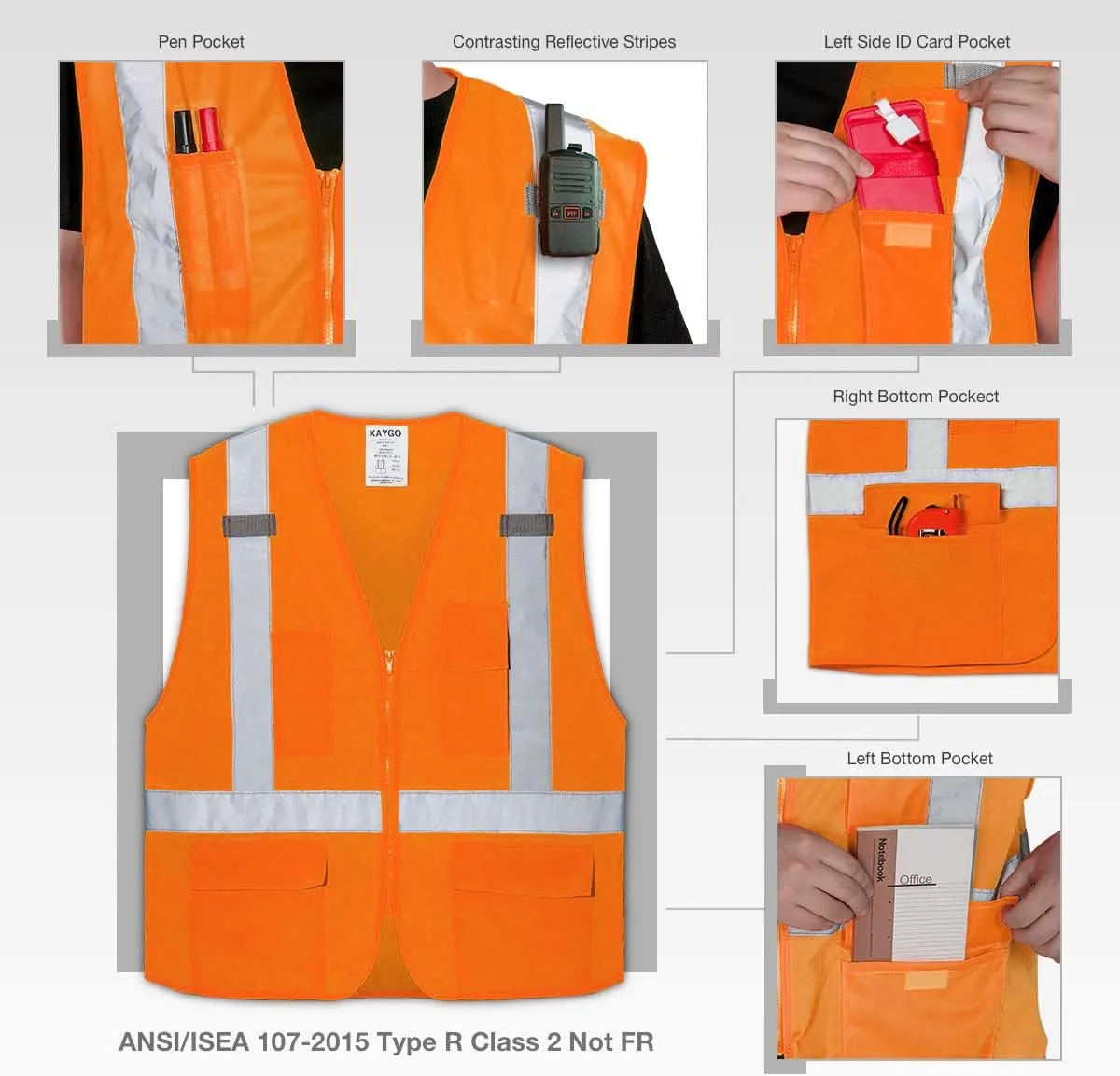 KAYGO High Visibility Safety Vests Reflective with Pockets and Zipper,ANSI Type R Class 2 Not FR