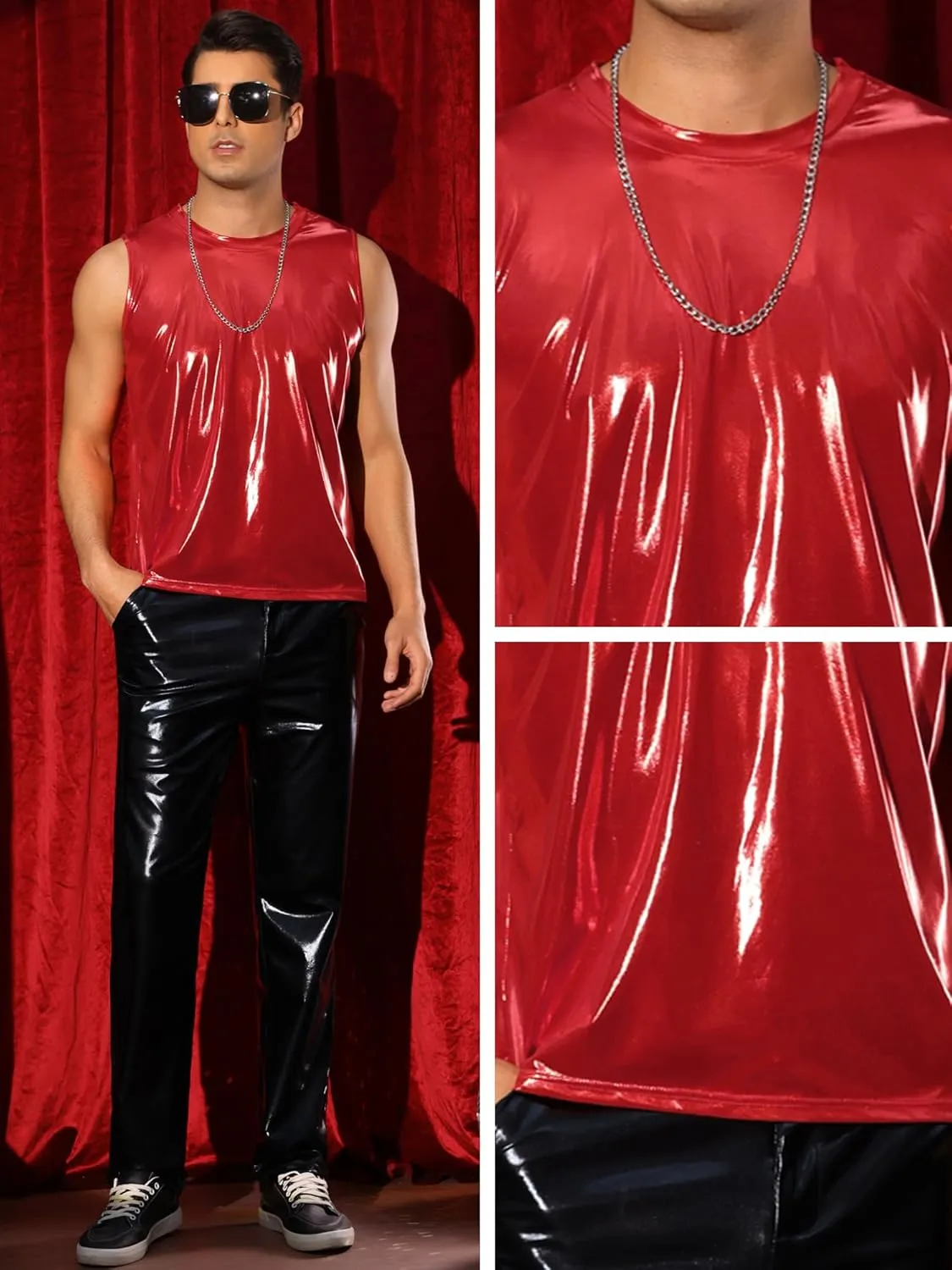 Lars Amadeus Metallic Tank Tops for Men's Holographic Sleeveless T-Shirt Disco Party Shiny Vest
