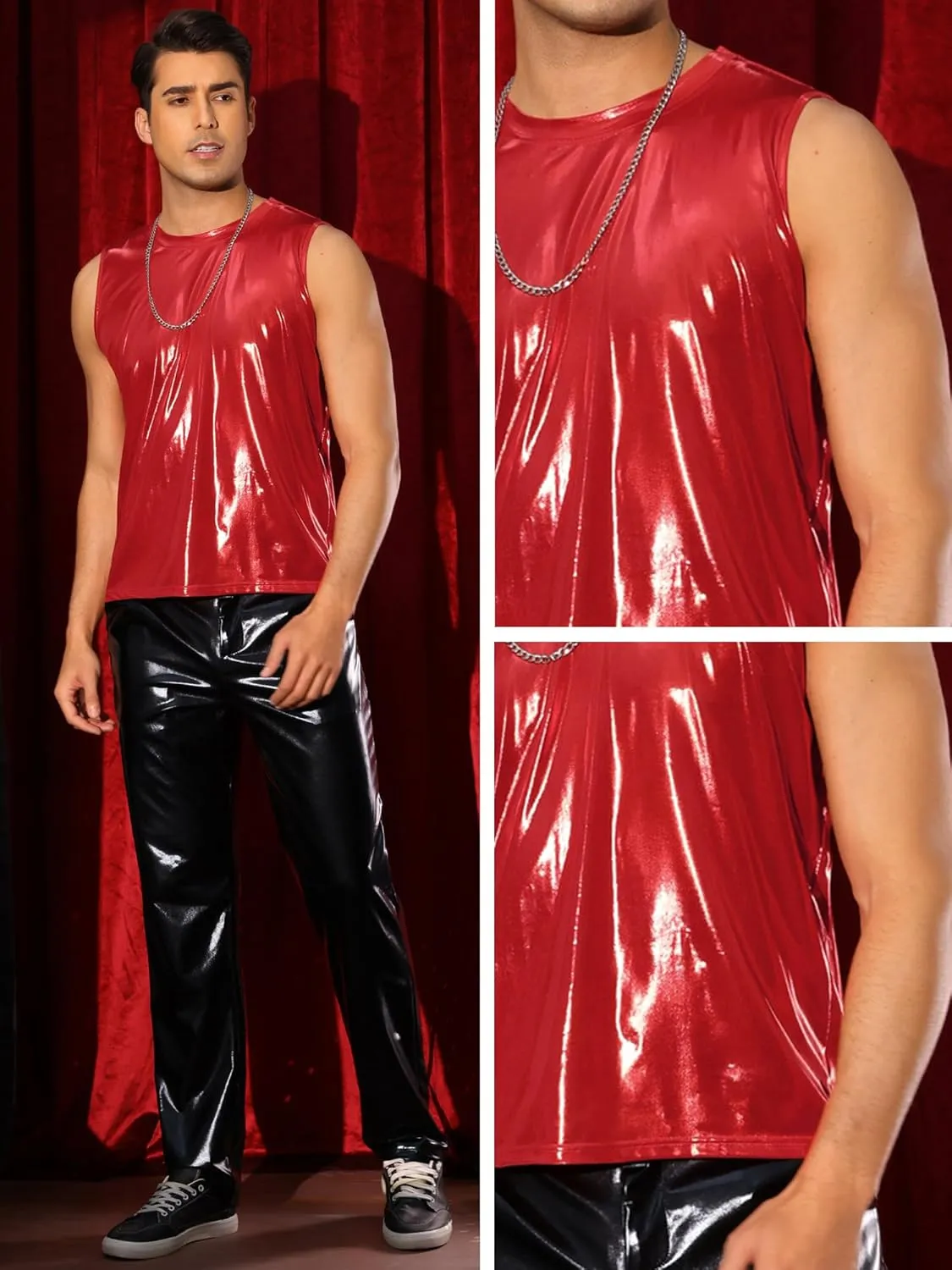 Lars Amadeus Metallic Tank Tops for Men's Holographic Sleeveless T-Shirt Disco Party Shiny Vest