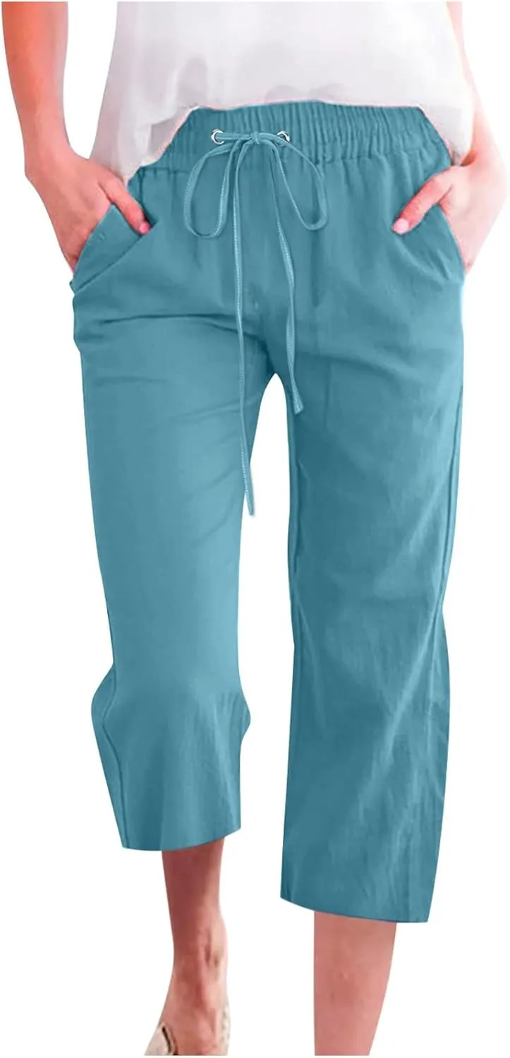 Linen Capri Pants for Women Casual Summer 2024 High Waist Drawstring Wide Leg Lounge Pant Resort Wear Cropped Trouser