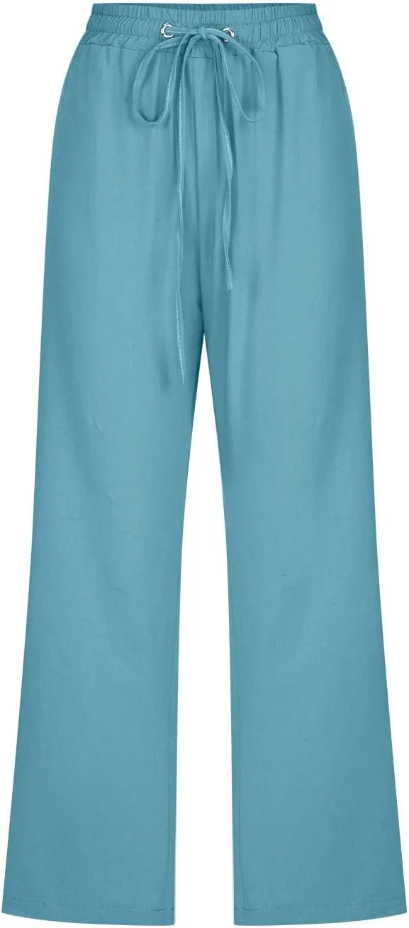 Linen Capri Pants for Women Casual Summer 2024 High Waist Drawstring Wide Leg Lounge Pant Resort Wear Cropped Trouser