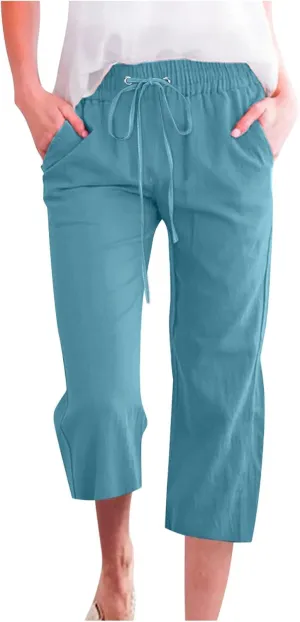 Linen Capri Pants for Women Casual Summer 2024 High Waist Drawstring Wide Leg Lounge Pant Resort Wear Cropped Trouser