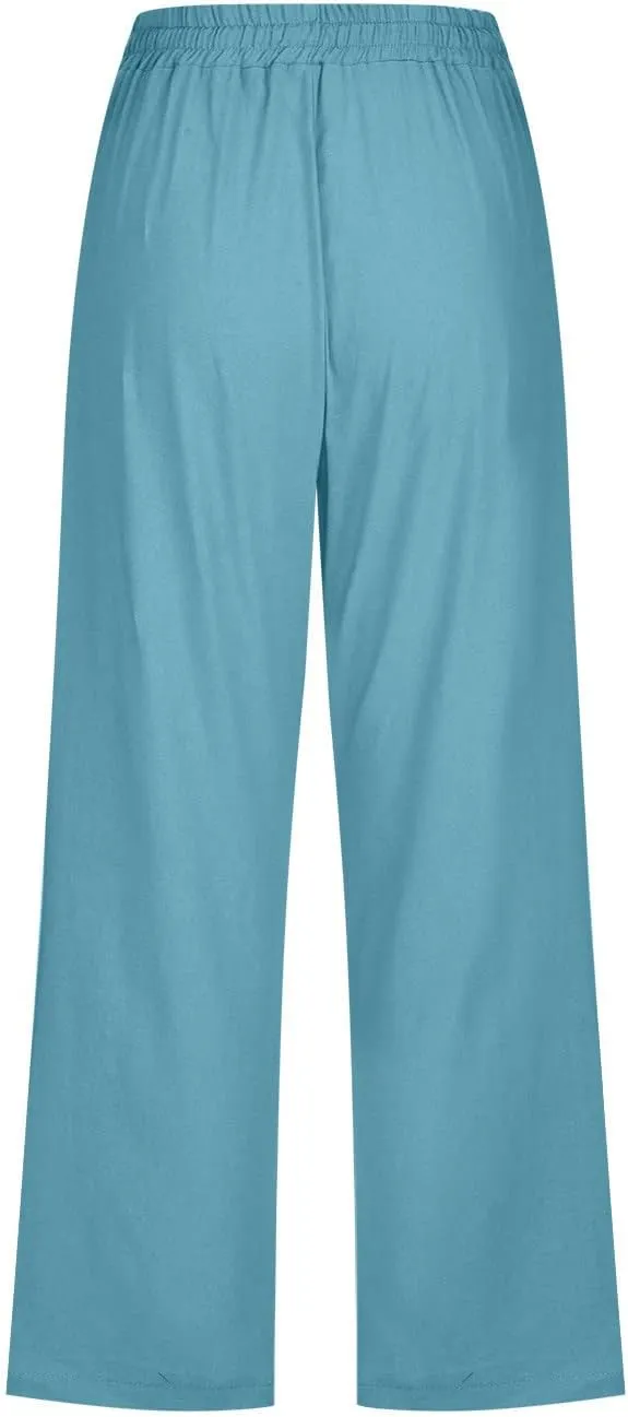 Linen Capri Pants for Women Casual Summer 2024 High Waist Drawstring Wide Leg Lounge Pant Resort Wear Cropped Trouser