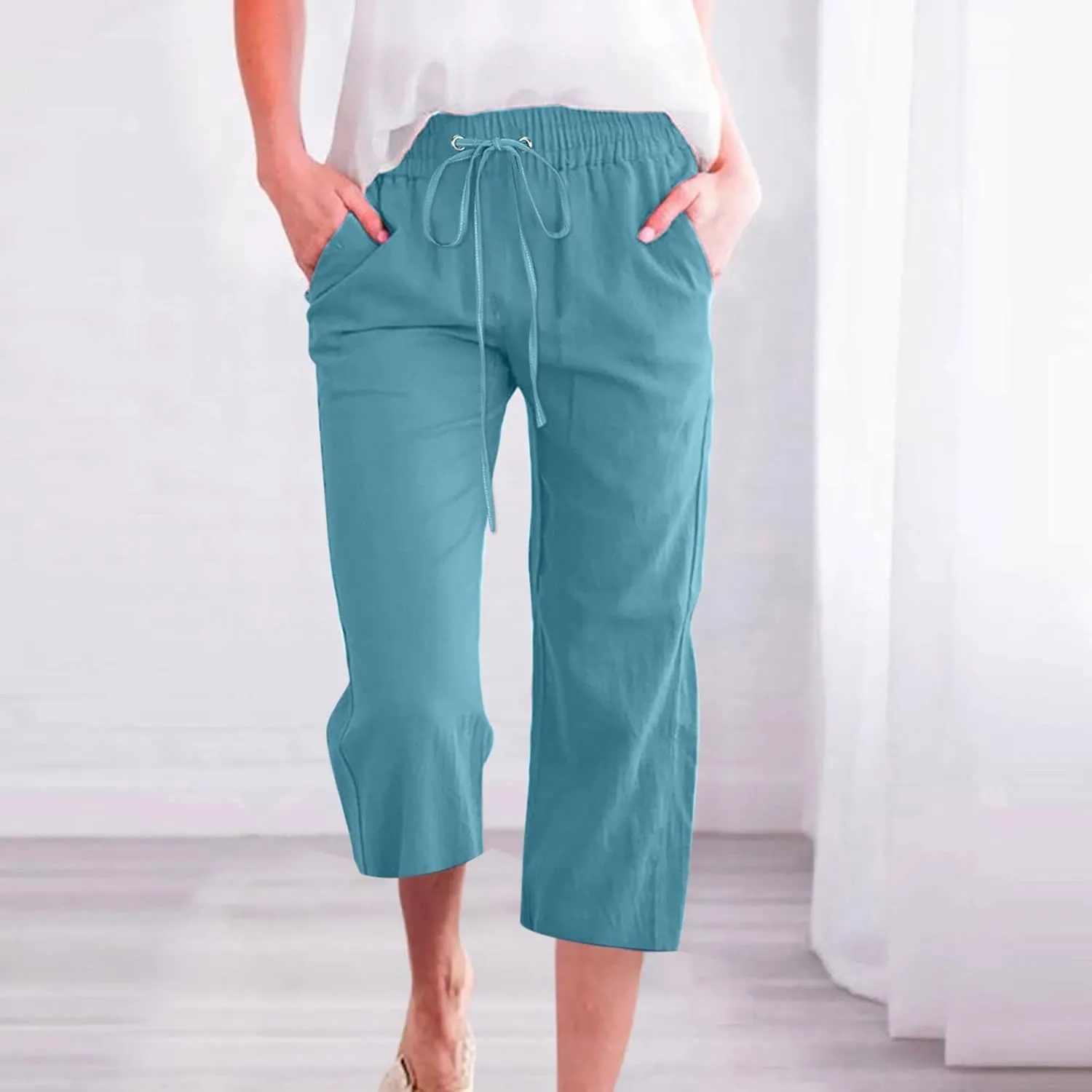Linen Capri Pants for Women Casual Summer 2024 High Waist Drawstring Wide Leg Lounge Pant Resort Wear Cropped Trouser