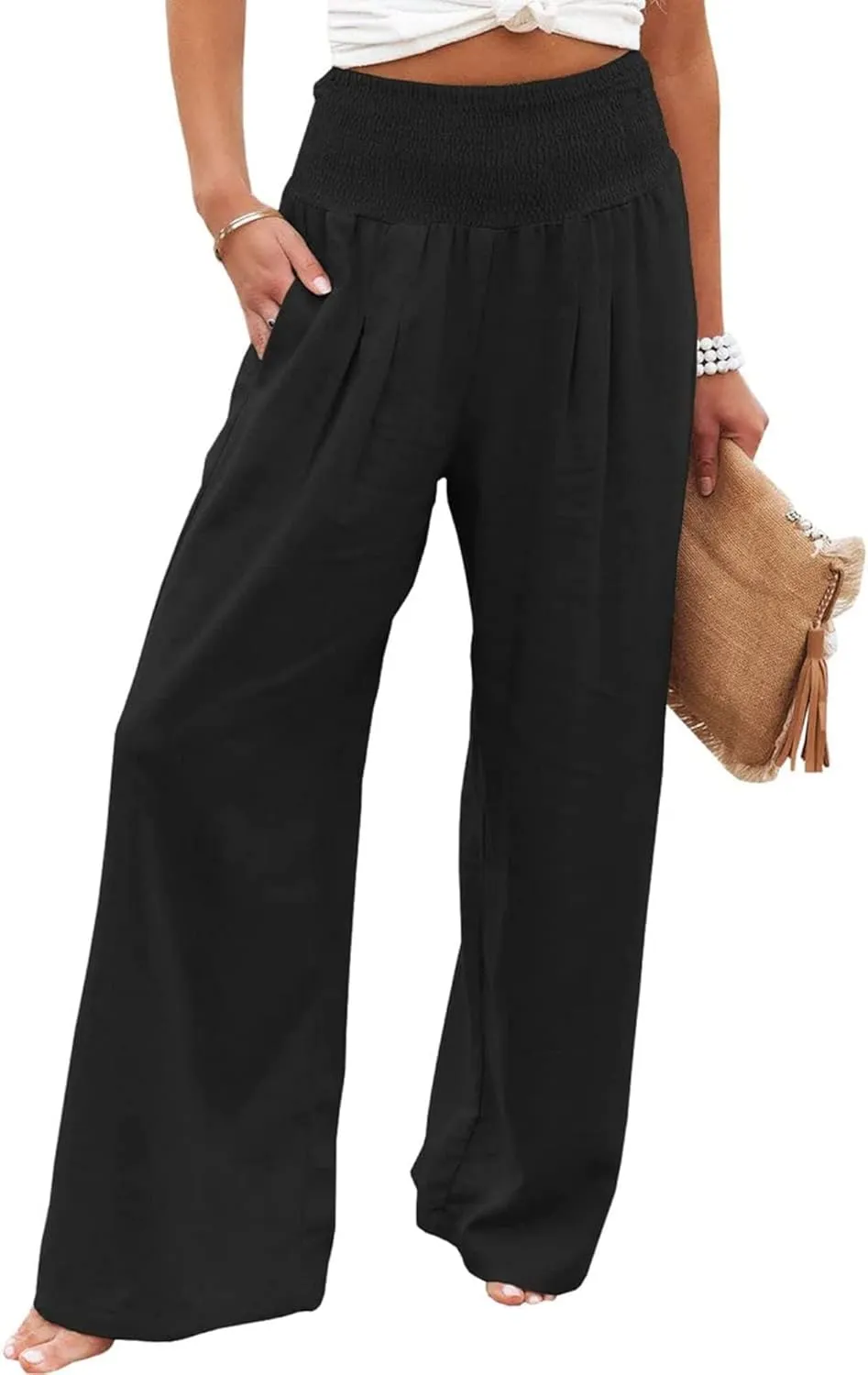 Linen Palazzo Pants for Women High-Waisted Wide Leg Pant Beach Lounge Trousers Summer Casual Flowy Pants with Pockets