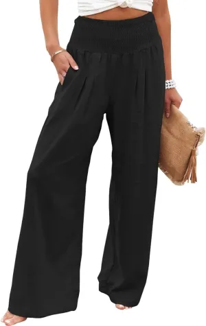 Linen Palazzo Pants for Women High-Waisted Wide Leg Pant Beach Lounge Trousers Summer Casual Flowy Pants with Pockets