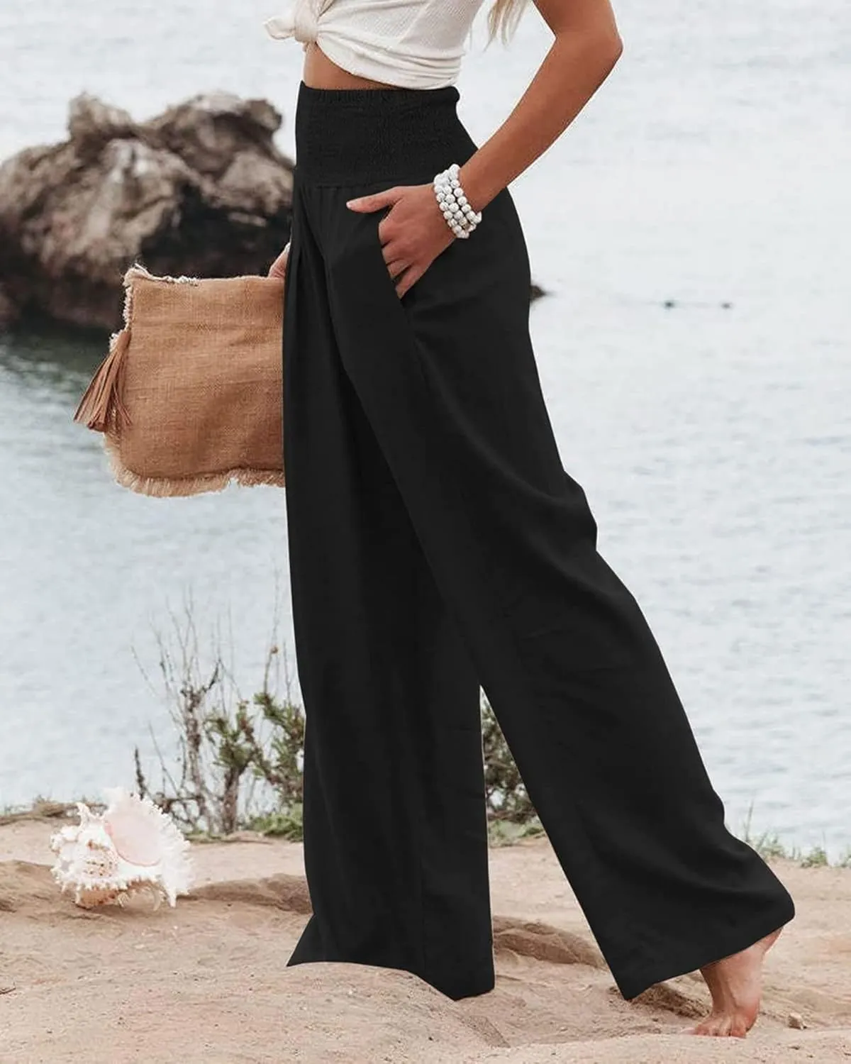 Linen Palazzo Pants for Women High-Waisted Wide Leg Pant Beach Lounge Trousers Summer Casual Flowy Pants with Pockets