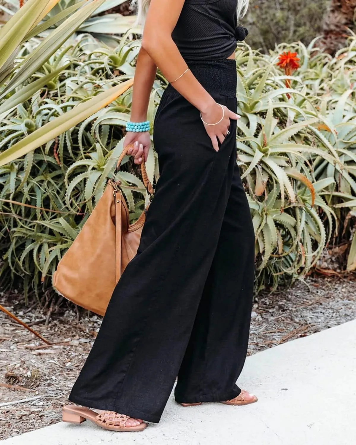 Linen Palazzo Pants for Women High-Waisted Wide Leg Pant Beach Lounge Trousers Summer Casual Flowy Pants with Pockets
