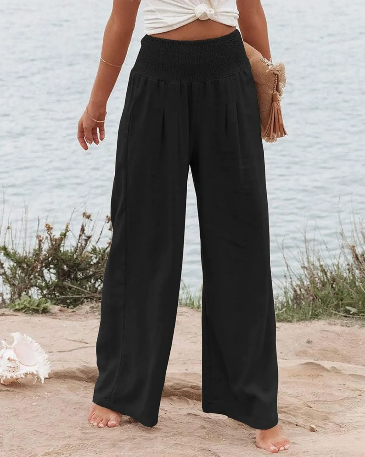 Linen Palazzo Pants for Women High-Waisted Wide Leg Pant Beach Lounge Trousers Summer Casual Flowy Pants with Pockets