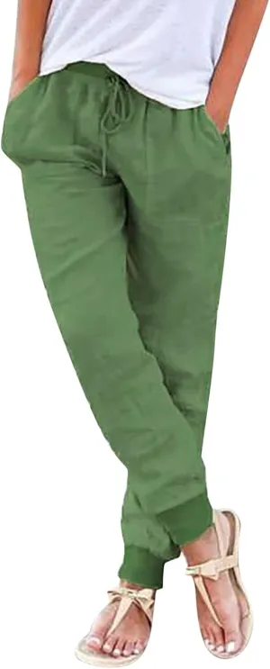 Linen Pants for Women Casual 2024 Summer Drawstring Elastic High Waist Palazzo Pants Straight Wide Leg Lounge