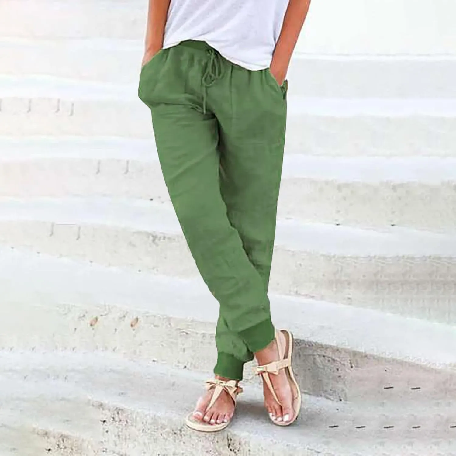 Linen Pants for Women Casual 2024 Summer Drawstring Elastic High Waist Palazzo Pants Straight Wide Leg Lounge