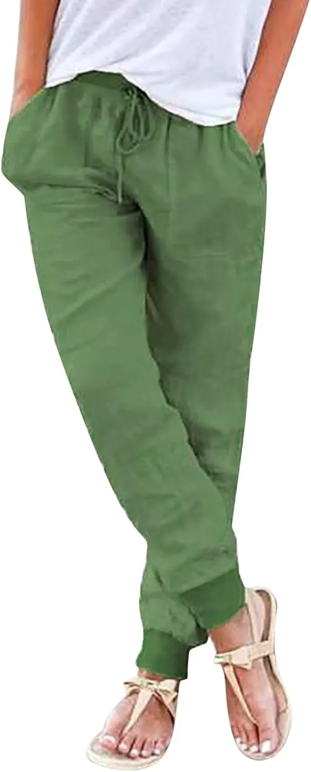 Linen Pants for Women Casual 2024 Summer Drawstring Elastic High Waist Palazzo Pants Straight Wide Leg Lounge