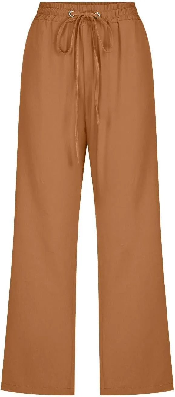 Linen Pants Women Capri Leg Pants Drawstring Elastic Trousers Comfy Straight Leg Capri Trousers 2025 Vacation