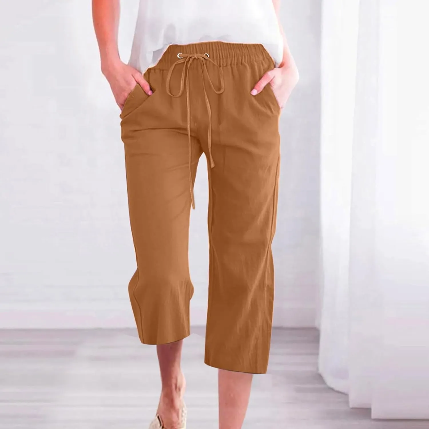 Linen Pants Women Capri Leg Pants Drawstring Elastic Trousers Comfy Straight Leg Capri Trousers 2025 Vacation