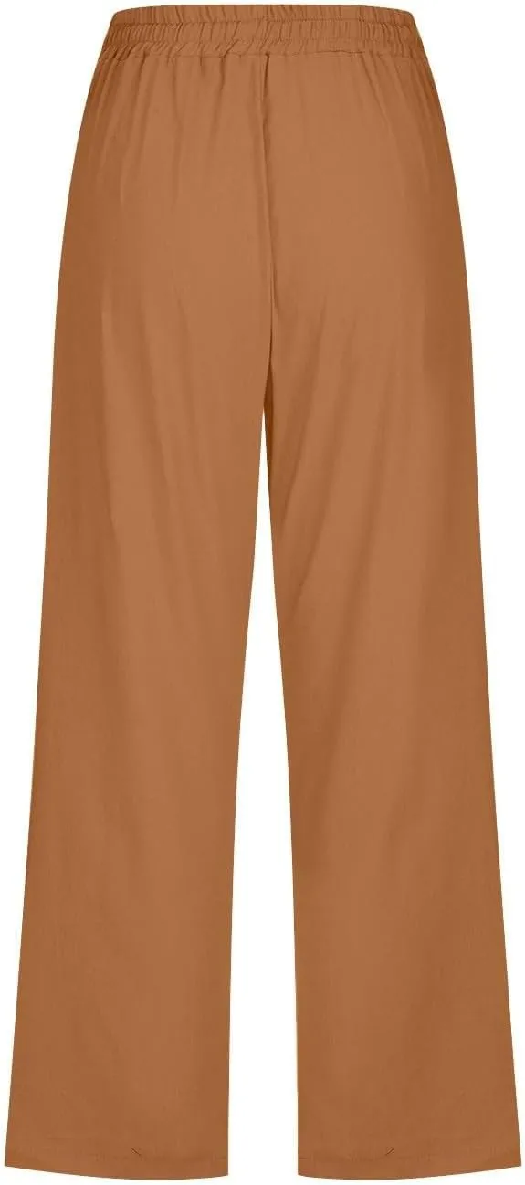 Linen Pants Women Capri Leg Pants Drawstring Elastic Trousers Comfy Straight Leg Capri Trousers 2025 Vacation