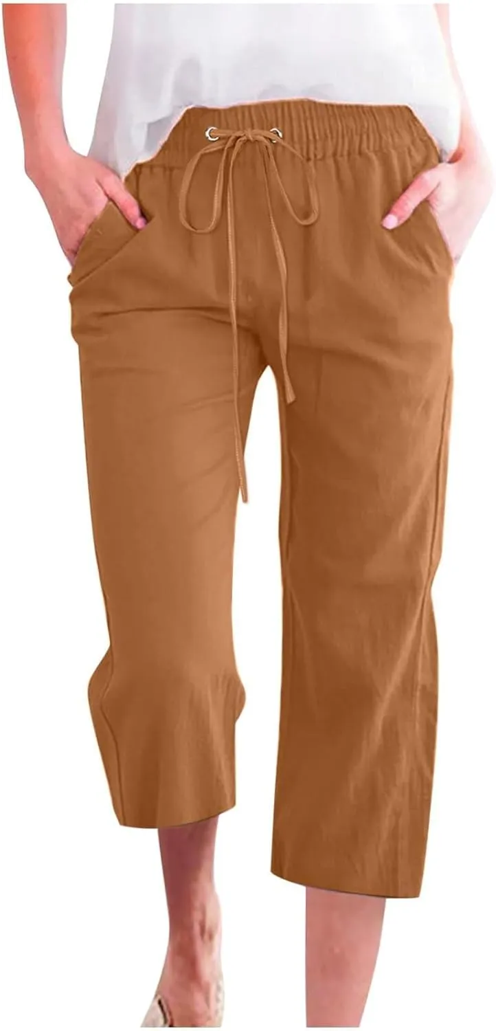 Linen Pants Women Capri Leg Pants Drawstring Elastic Trousers Comfy Straight Leg Capri Trousers 2025 Vacation