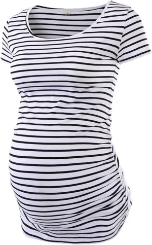 Love2Mi Womens Mama Maternity Tunic Tops Side Ruched T-Shirt Short Sleeve Fitted Pregnancy Clothes
