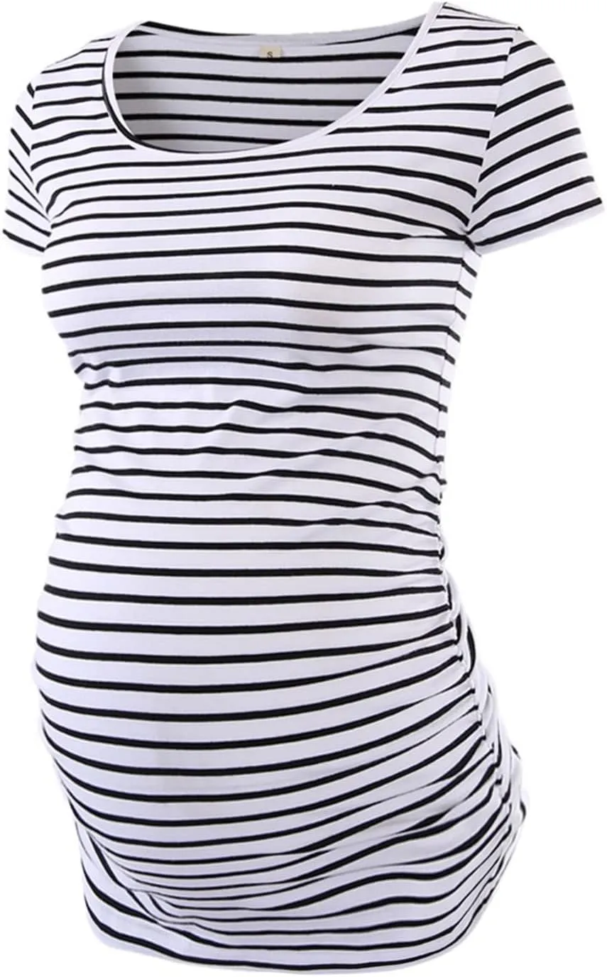Love2Mi Womens Mama Maternity Tunic Tops Side Ruched T-Shirt Short Sleeve Fitted Pregnancy Clothes